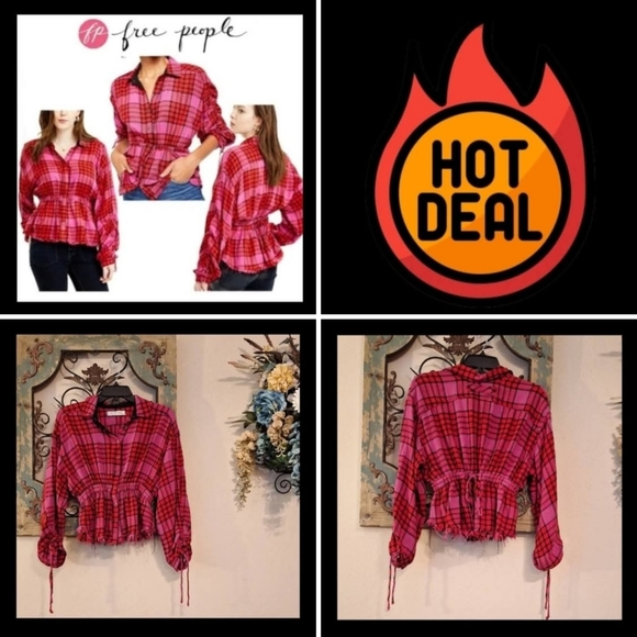 Free People Pink and Red Plaid Button Down Shirt. Size XS Great Condition - Picture 5 of 13